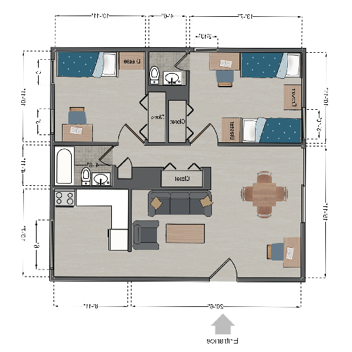 三人公寓(2间卧室，3人)